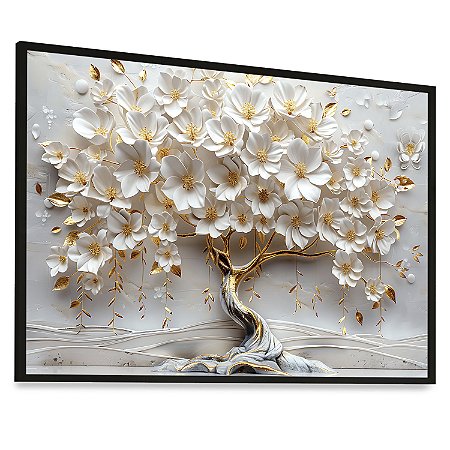 Quadro Árvore da Vida Flores Brancas Folhas Douradas Gold Natureza