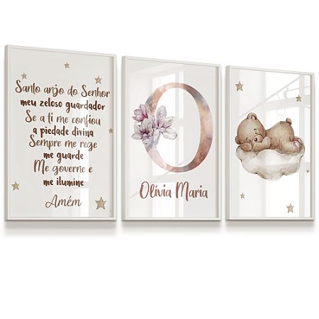 Quadro Decorativo Personalizado Oração Ursinho Nuvem kit 3