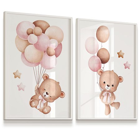 Quadro Decorativo Infantil Ursinho Balões Rosa Estrela