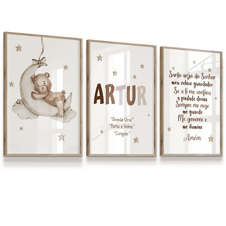 Quadro Infantil Personalizado Oração Ursinho Lua Nome Personalizado Kit 3 Quadros