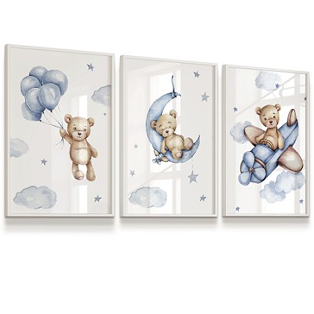 Quadro Decorativo Infantil Ursinho Azul Lua Aviãzinho Balão Nuvens kit 3