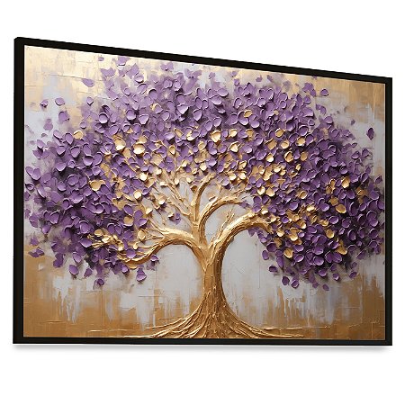 Quadro Decorativo Árvore da Vida Dourado Lilás Pintura Gold Lindo