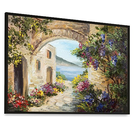 Quadro Decorativo Paisagem a Beira Mar Pintura Vilarejo Flores Rua