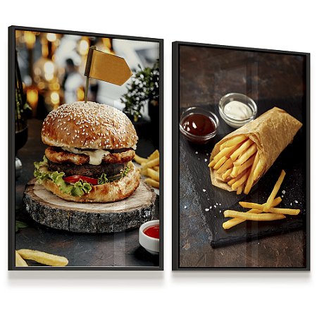 Quadro Decorativo Hamburguer Hamburgueria Lanche Batata Frita Kit 2