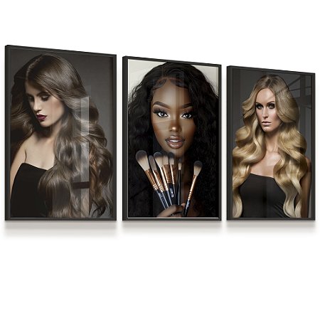 Quadro Cabelos Salão Beleza Cabeleireiro Profissão Cabelos Loira Morena Negra Kit 3 Quadros