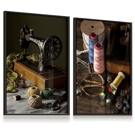 Quadro Decorativo Alfaiataria Máquina Costura Linhas Tesoura Costureira Atêlie