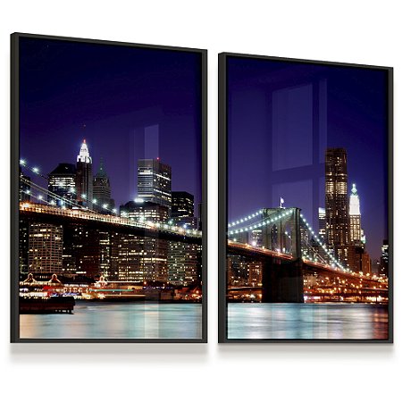 Quadro Decorativo Arquitetura Ponte do Brooklyn Nova York Cidade Noturna Kit 2