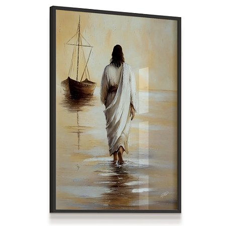 Quadro Decorativo Jesus Caminhando Sobre Água Pintura Tons Claros Barco