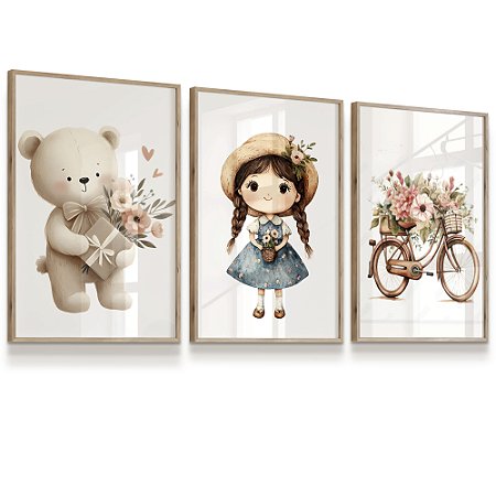 Quadro Decorativo Infantil Menina Ursinho Flores Bicicleta Kit 3 Quadros