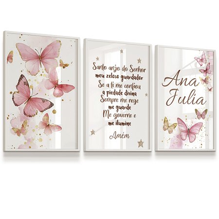Quadro Decorativo Borboletas Rosa Dourado Nome Personalizado Oração Santo Anjo Kit 3 Quadros