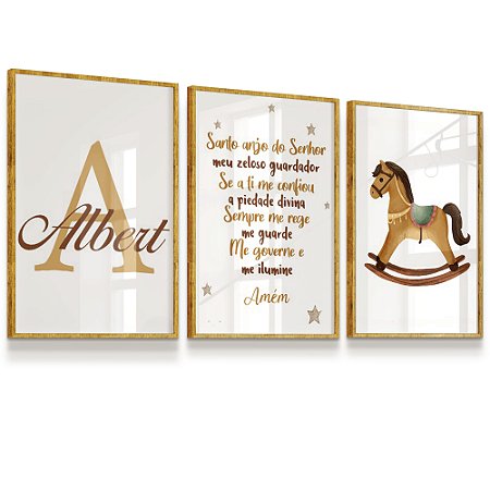 Quadro Infantil Oração Santo Anjo Nome Personalizado Cavalinho Balanço Kit 3 Quadros