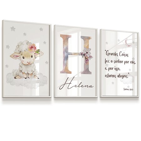 Quadro Decorativo Nome Personalizado Salmos Ovelinha Rosa Estrelas Kit 3 Quadros