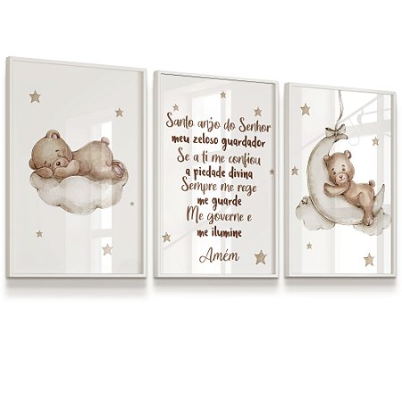 Quadro Decorativo Infantil Ursinho Bege Dormindo Nuvem Lua Estrelas Oração Santo Anjo Kit 3 Quadros