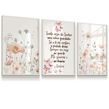 Quadro Decorativo Borboletas Rosa Dourado Jardim Flores Oração Santo Anjo Kit 3 Quadros