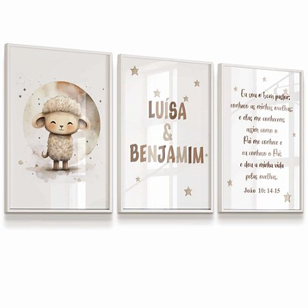 Quadro Infantil Kit 3 Infantil Ovelhinha Oração Salmos Personalizado