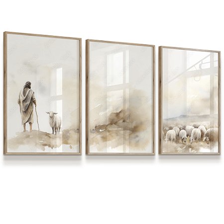 Quadro Composição Jesus Pastor de Ovelhas Religioso Oracão Kit 3 Quadros