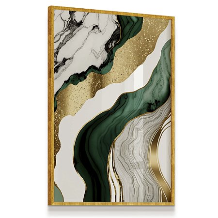 Quadro Decorativo Abstrato Moderno Tons Verde Dourado Branco Líquido