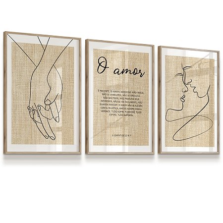 Quadro Decorativo Mãos Entrelaçadas Face Casal Versículo Composição O amor é paciente Abstrato