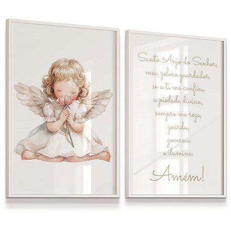 Quadro Decorativo Infantil Anjinha Frase Santo Anjo do Senhor Kit 2