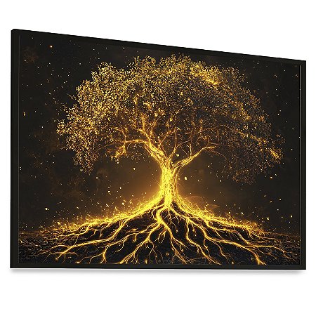 Quadro Decorativo Árvore da Vida Tons Preto Dourado Raízes Natureza