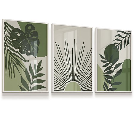Quadro Decorativo Art Boho Botânica Folhas Verdes Abstrato Moderno Kit 3 Quadros