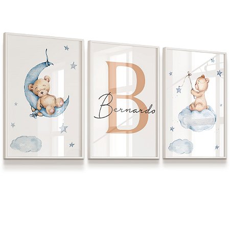 Quadro Decorativo Infantil Ursinho Azul Lua Nuvens Pescando Estrelas  kit 3