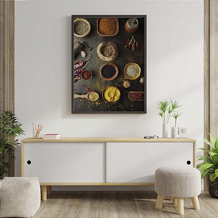 Quadro  Decorativo Mesa Temperos Mundo Potes Condimentos Cores Goumert Cozinha Pimenta