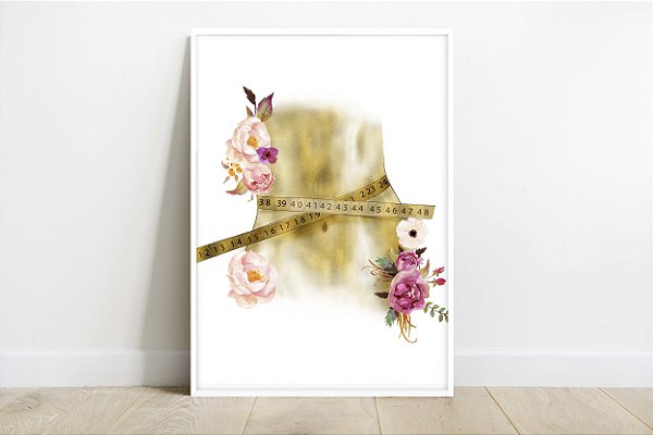Quadro  Decorativo Nutrição Nutricionista Cintura Saúde Corpo Feminino Fita Métrica Flores Rosas