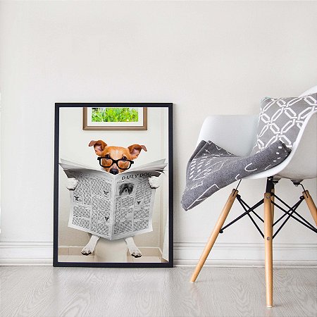 Quadro Decorativo Cachorro Vira Lata Óculos Simpático Lendo Jornal Banheiro