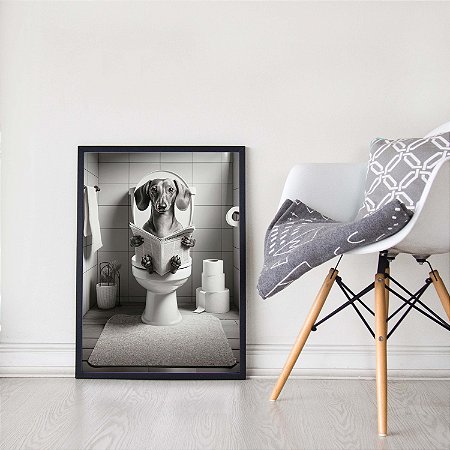Quadro Decorativo Cachorro Dachshund Bathroom Lendo Jornal Banheiro