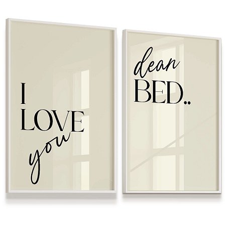 Quadro Decorativo Kit 2 Frase Querida Cama Eu te Amo I love You Dear Bed