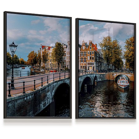 Quadro Decorativo Cidade de Amsterdã Holanda Amsterdam Ponto Turístico Ponte Rio Canal