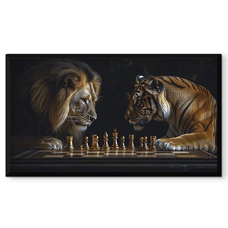 Quadro Decorativo Leão Jogando Xadrez Animais  Negócios 103x53
