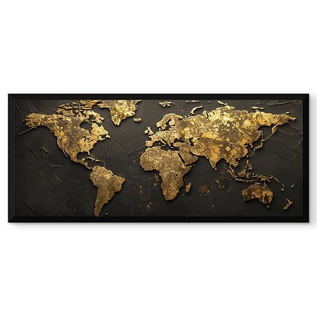 Quadro Decorativo Mapa Mundi Países Cidades Tons Preto 103x53 VIDRO