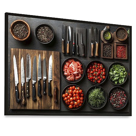 Quadro Decorativo Temperos Folhas Tomate Facas Churrasco Mise en place