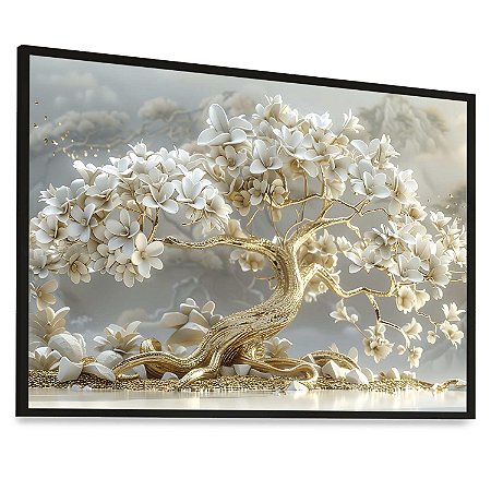 Quadro Decorativo Árvore Da Vida Flores Brancas Caule Dourado Natureza