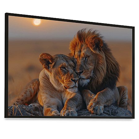 Quadro Decorativo Família Leão Leoa Por do Sol Animais Savana