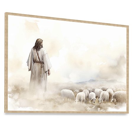 Quadro Decorativo Jesus Pastor de Ovelhas Religião Religioso Oração