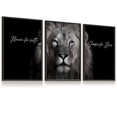 Quadro Decorativo Leão Nunca Foi Sorte Sempre Foi Deus Animais Kit 3 Religioso