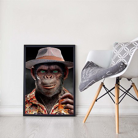 Quadro Decorativo Macaco Monkey Estiloso Chapéu Bebida Camiseta Colorida