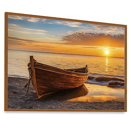 Quadro Decorativo Praia Barco Sunset  Boat Paisagem Mar Pôr do Sol