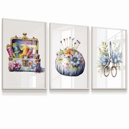 Quadro Costura Máquina Agulha Tesoura Atelier Alfineteiro Costureira Tons Azuis Kit 3 Quadros