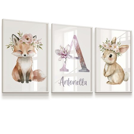 Quadro Decorativo Infantil Raposinha Coelhinha Nome Personalizado Flores Kit 3 Quadros