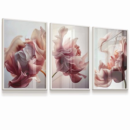 Quadro Decorativo Moderno Flores Delicadas Tons Rosa Natureza Kit 3 Quadros
