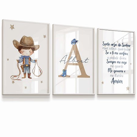 Quadro Decorativo Infantil Personalizado Cowboy Chapéu Oração Santo Anjo kit 3
