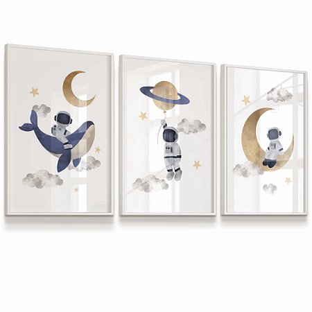 Quadro Decorativo Infantil Foguete Espaço Baleia Lua Planeta Estrelas kit 3