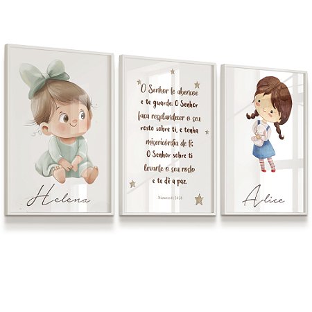 Quadro Decorativo Infantil Meninas Irmãs Salmos kit 3