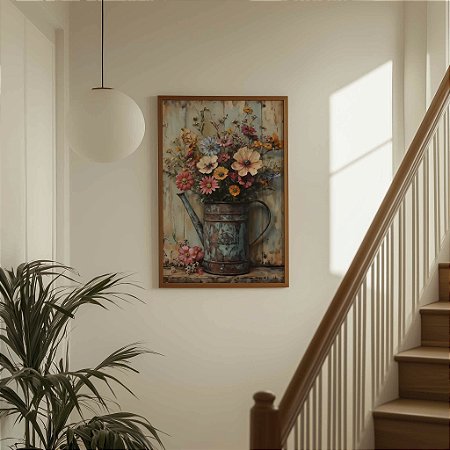 Quadro Decorativo Rústico Flores Vintage Floral Regador Plantas