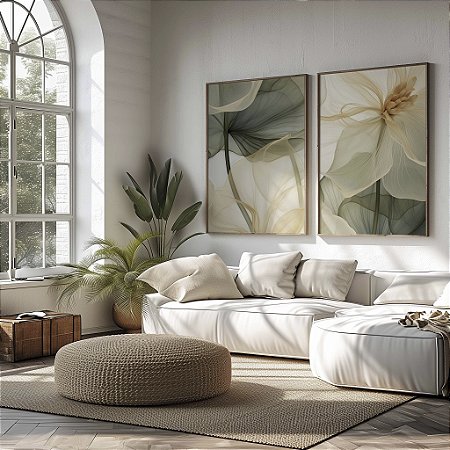 Quadro Decorativo Flores Brancas Bege Delicadas Traços Finos Elegante Moderna Kit 2