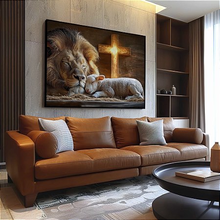 Quadro Decorativo Leão Ovelha Religioso Jesus Fé Religião
